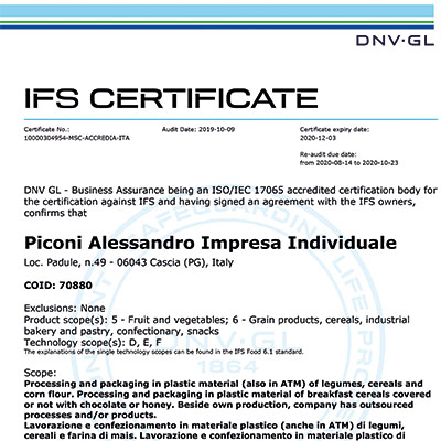 Certificato IFS Azienda Agricola Piconi